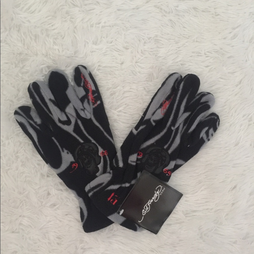 Ed Hardy Snow Live To Ride Fleece Black Gloves NEW